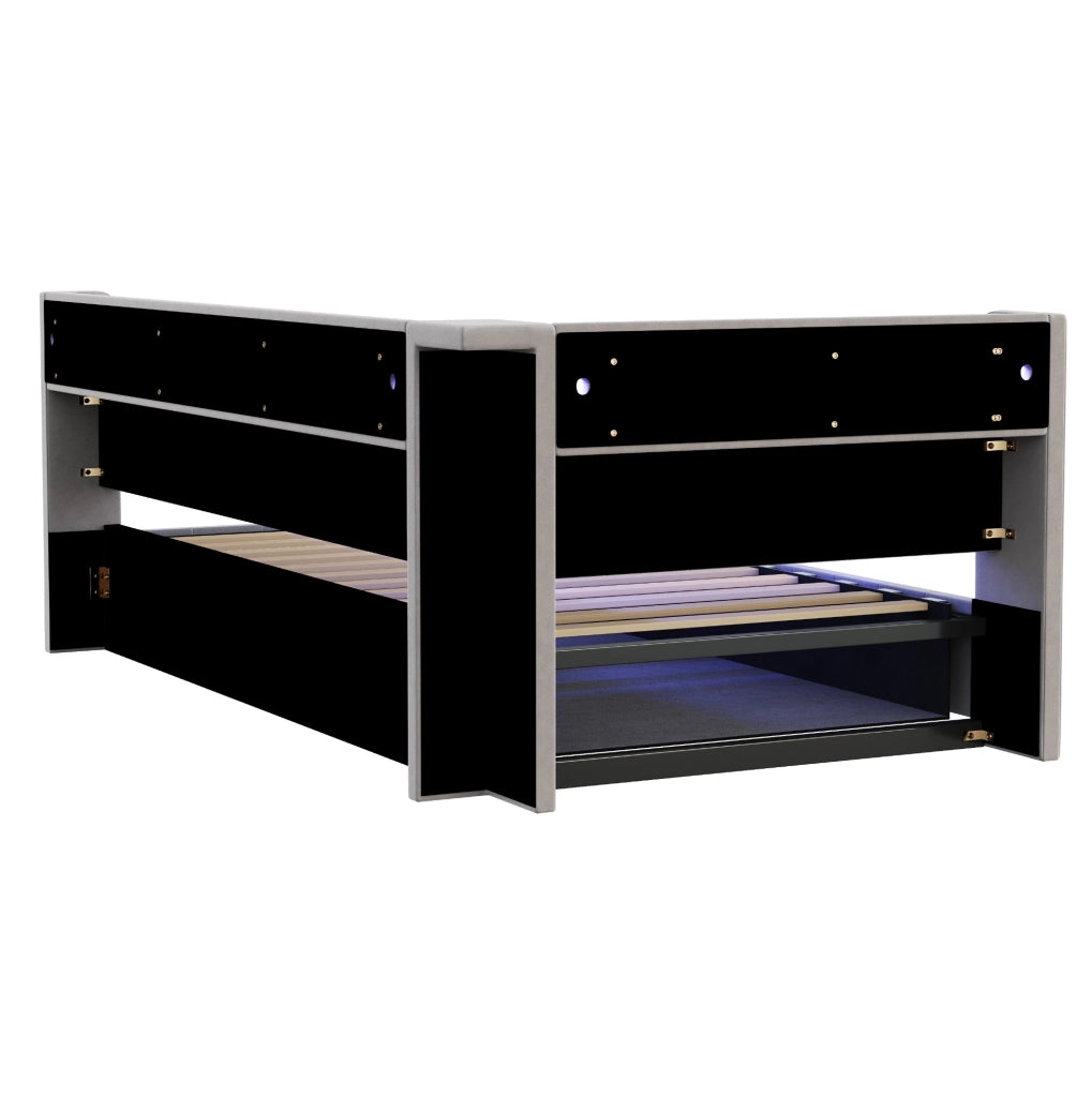 Letto imbottito multifunzionale 90x200 cm con vano contenitore, LED e prese integrate