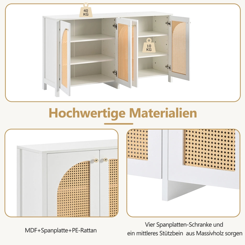 Credenza con 4 ante e ripiano regolabile; maniglie in metallo - per soggiorno - in MDF - bianco