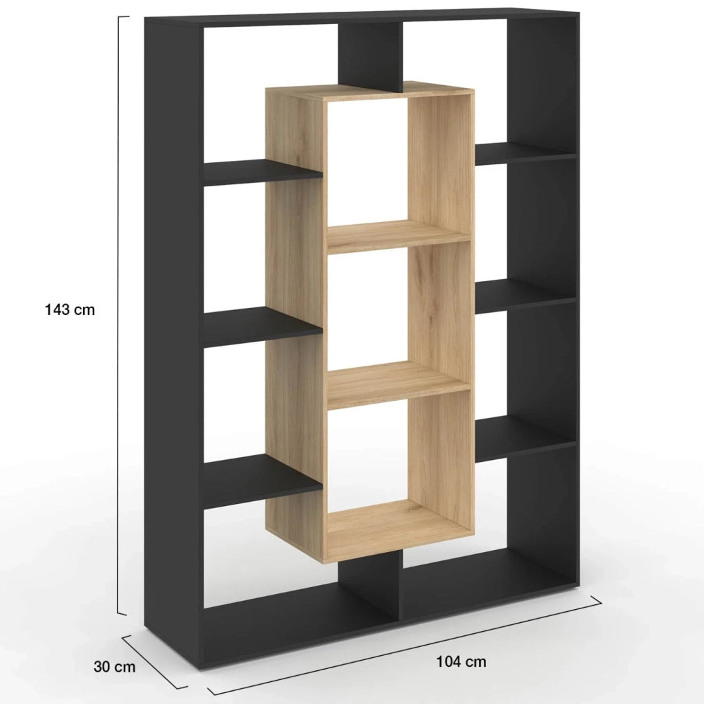 IDMarket - Libreria COLETTE con 11 scomparti neri ed effetto legno H.143 cm