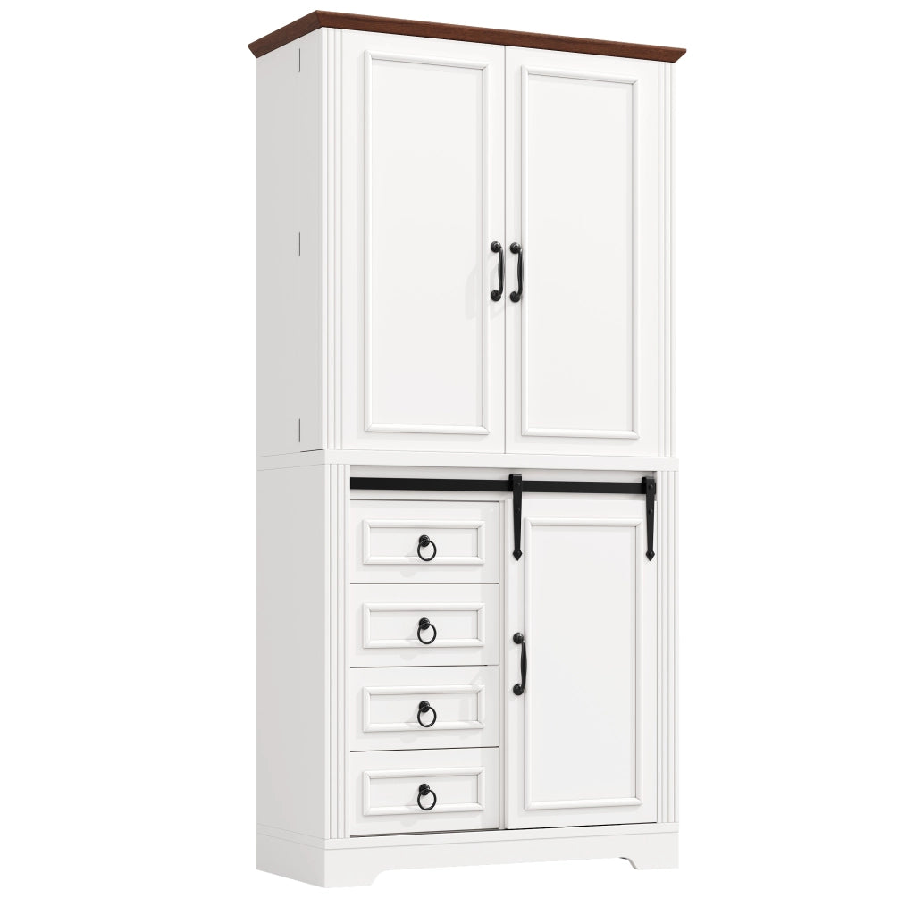 Credenza alta con 4 cassetti; ripiani regolabili e snack rack; per cucina; bianco