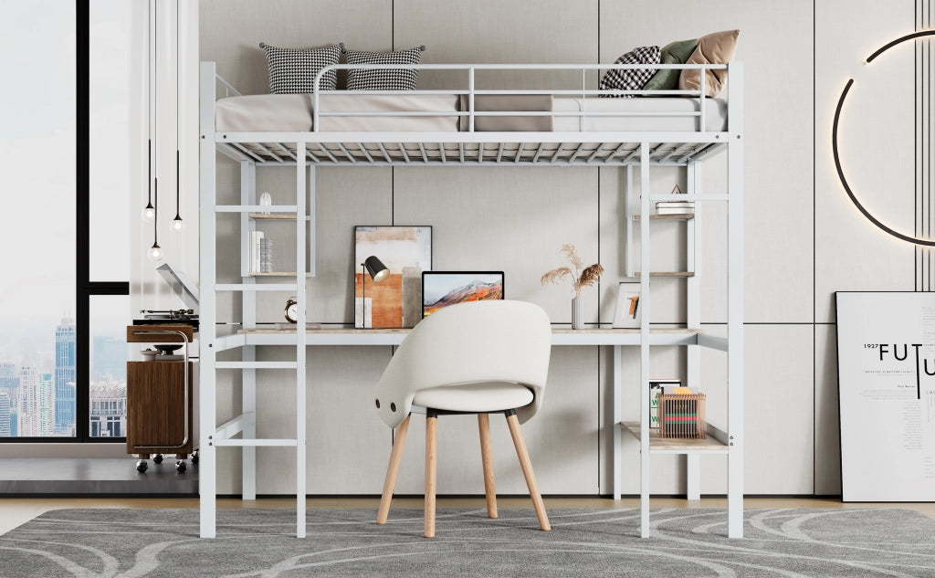 DESMIU Letto a soppalco 90 × 200 cm 1 posto con scrivania, 4 mensole e libreria, senza materasso, in metallo, bianco