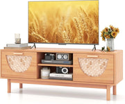 Supporto TV per TV da 55 pollici, mobile TV con 2 cassetti e frontali in bambù, con gambe in legno massello, per soggiorno, camera da letto