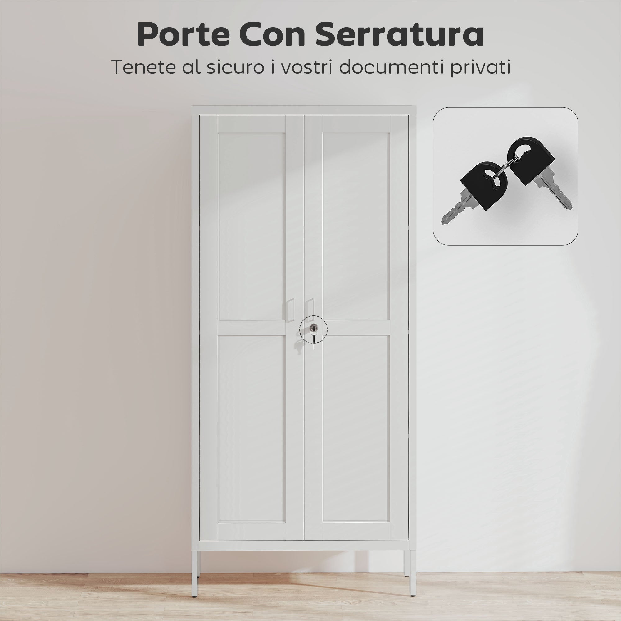 Armadio per Ufficio 80x40x175 cm a 3 Ripiani Regolabili con Serratura e 2 Chiavi in Acciaio Bianco