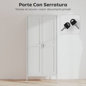 Armadio per Ufficio 80x40x175 cm a 3 Ripiani Regolabili con Serratura e 2 Chiavi in Acciaio Bianco
