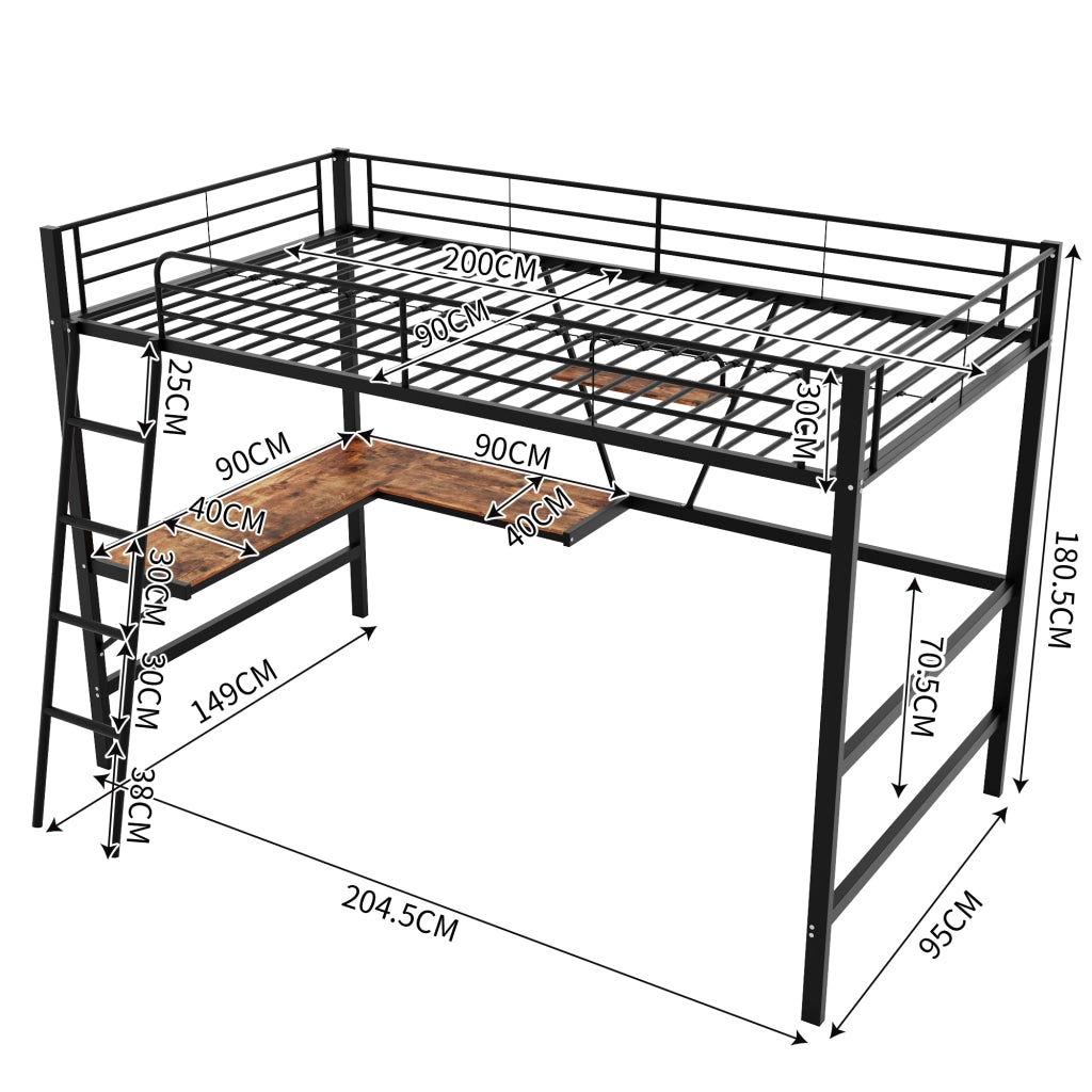 Letto a soppalco 1 piazza con Scrivania a L e Scaffale; 90 x 200 cm; senza Materasso; Metallo Nero