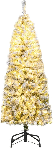Albero di Natale Slim 150cm, Albero di Natale Innevato con 180 Luci LED, 8 Modalità, 329 Rami in PVC e Base in Metallo Pieghevole, Decorazione Natalizia per Casa e Ufficio (150 cm)