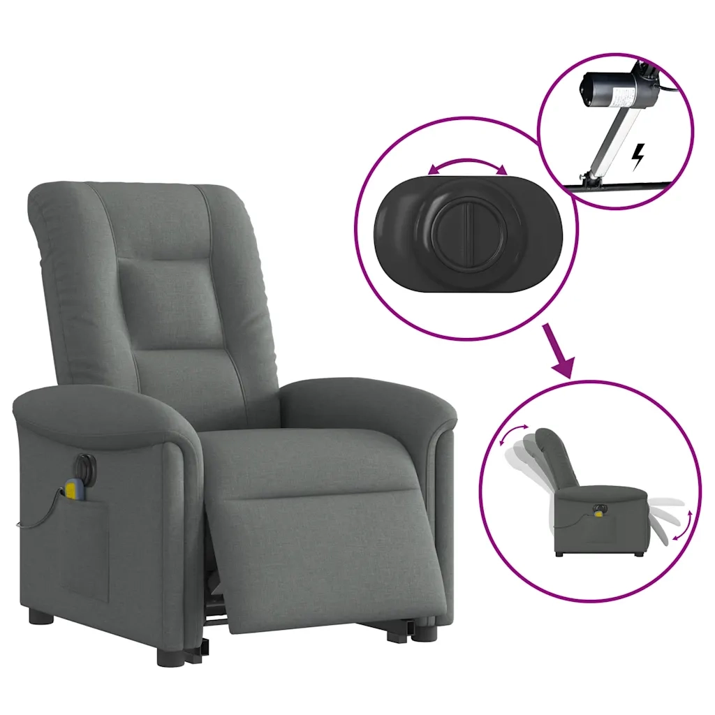 vidaXL Poltrona Alzapersona Massaggi Elettrica Grigio Scuro Tessuto