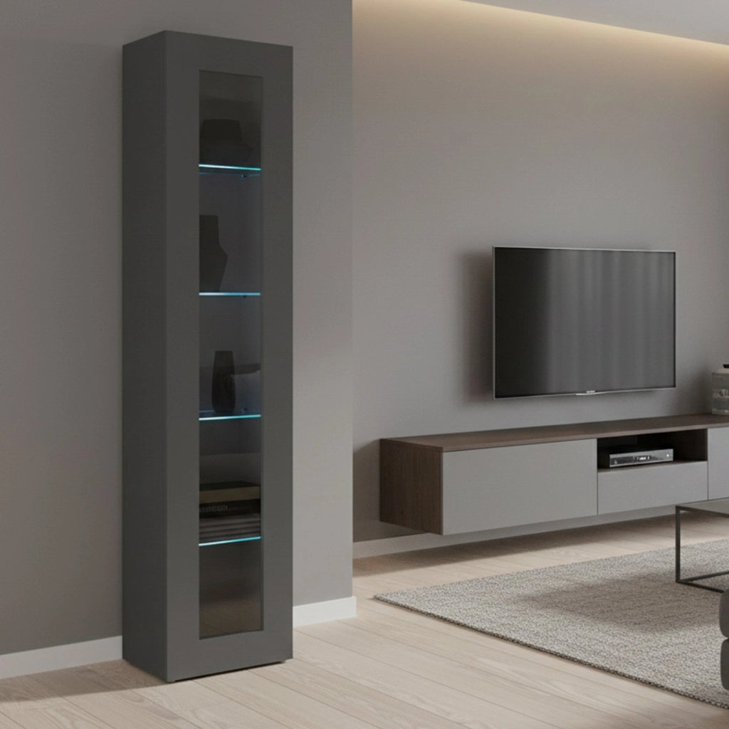 Vetrina Arnika, Credenza a 1 anta con ripiani in vetro, Mobile da soggiorno multiuso, 100% Made in Italy, cm 40x30h180, Antracite