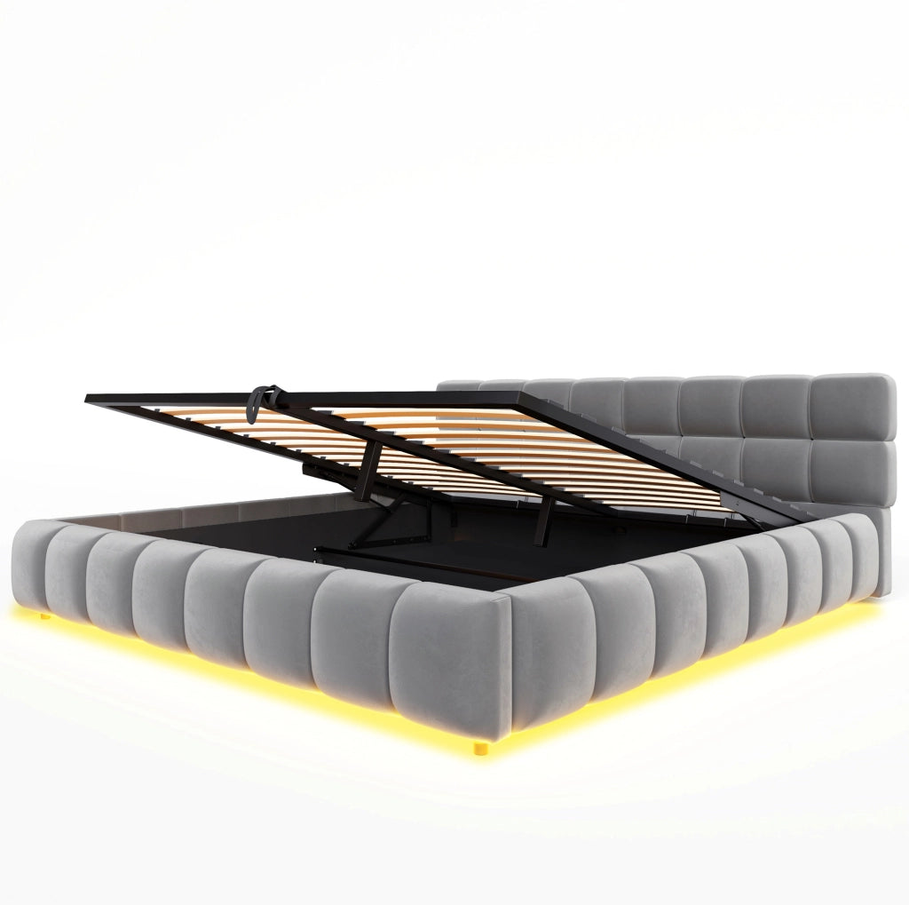 Letto matrimoniale imbottito 180x200 cm in velluto grigio con LED e contenitore idraulico