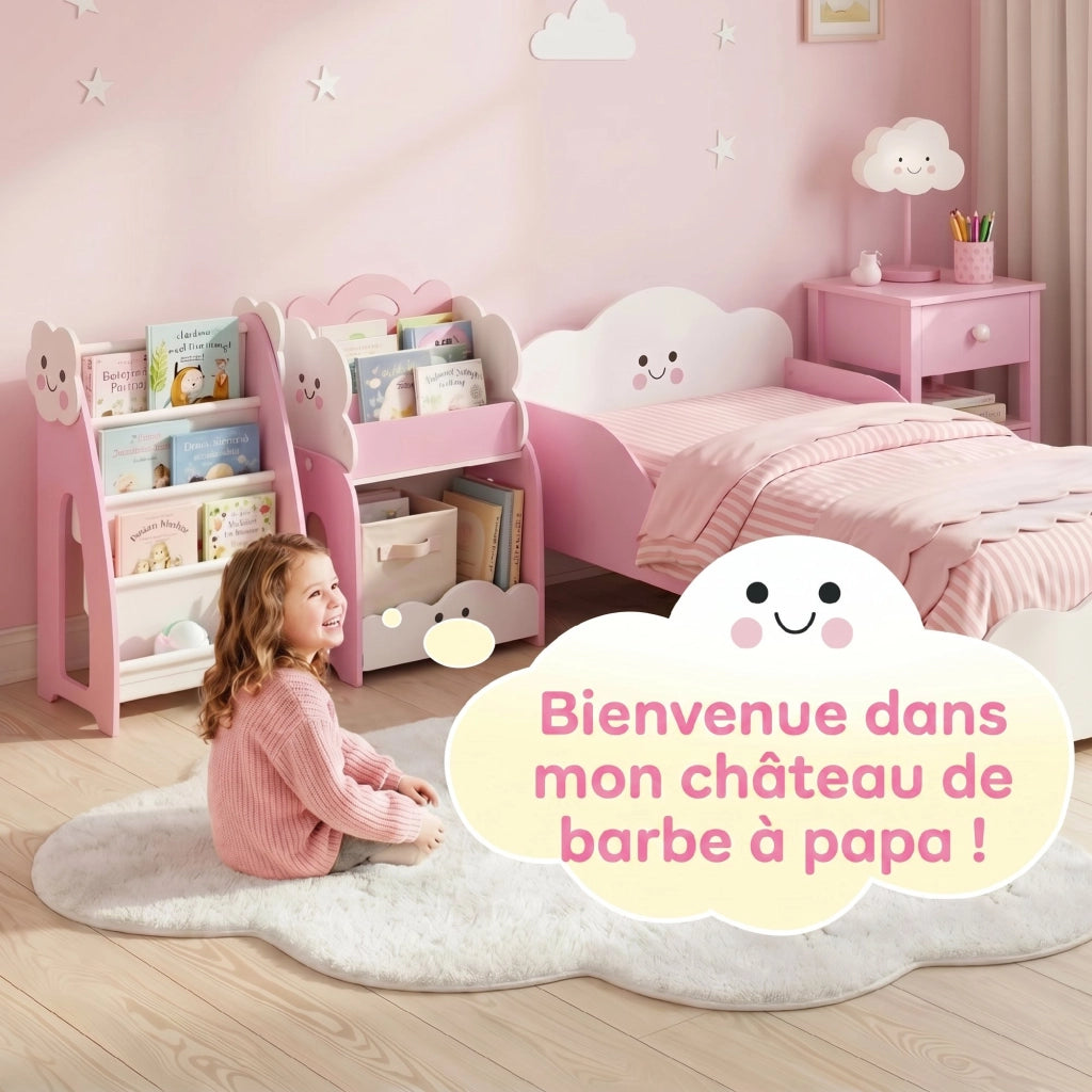 Libreria e contenitore per bambini 3-8 anni, scaffale per giocattoli rosa modulare con 4 ripiani e portariviste, pratico, per cameretta