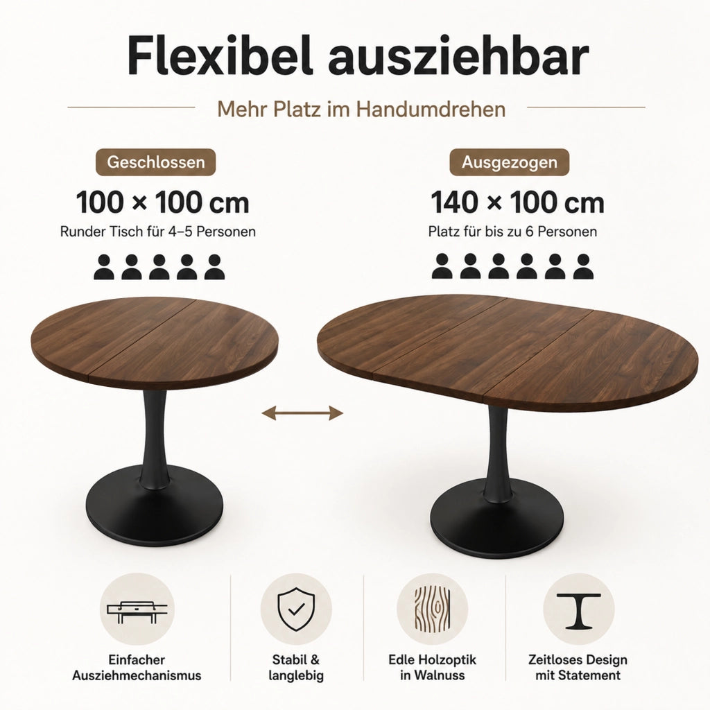 Tavolo da pranzo - ovale estraibile - 100/140x100x75 cm - stile moderno - noce - per sala da pranzo