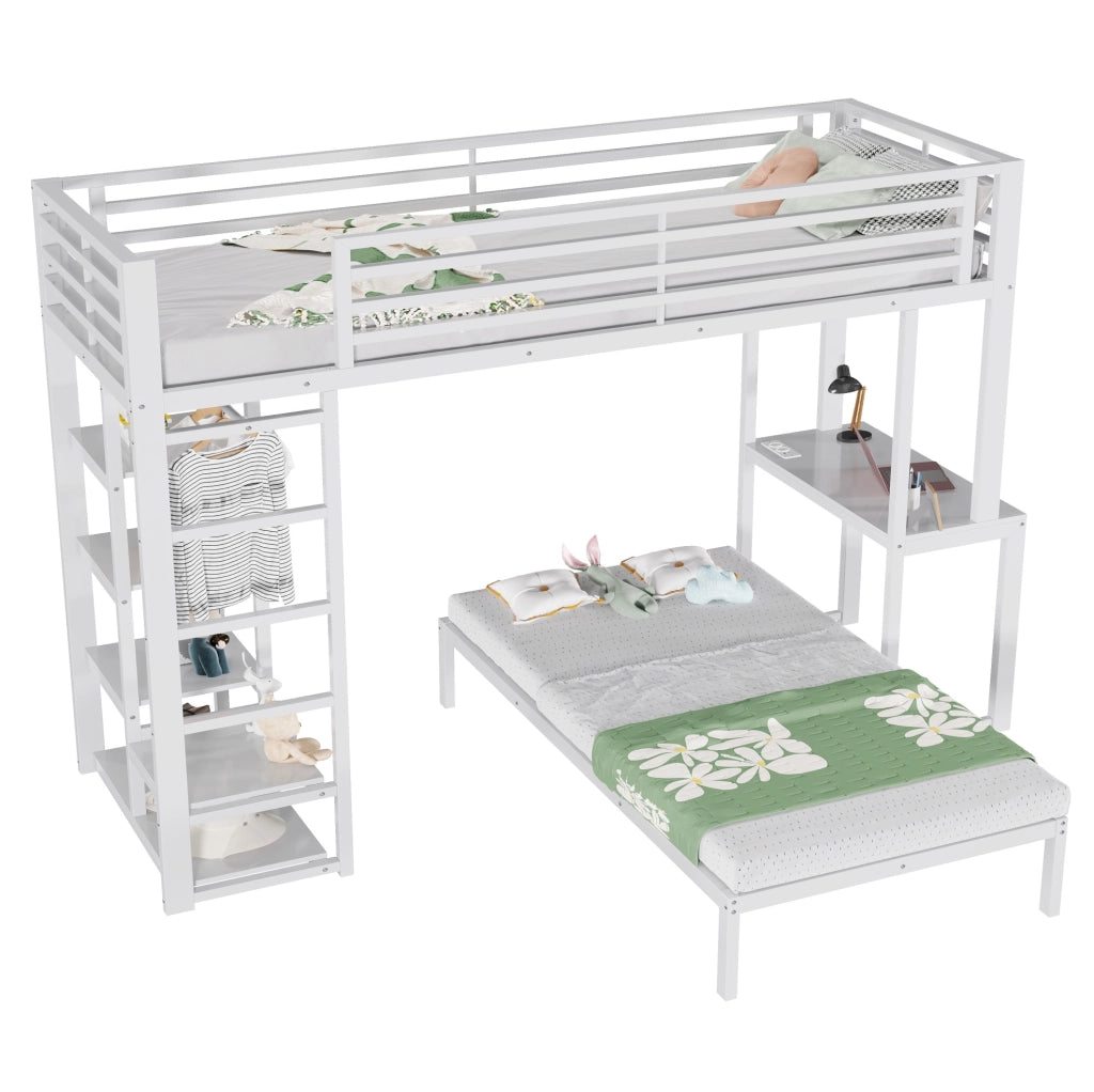 Letto a soppalco 90x200 cm con scrivania e scaffali, bianco