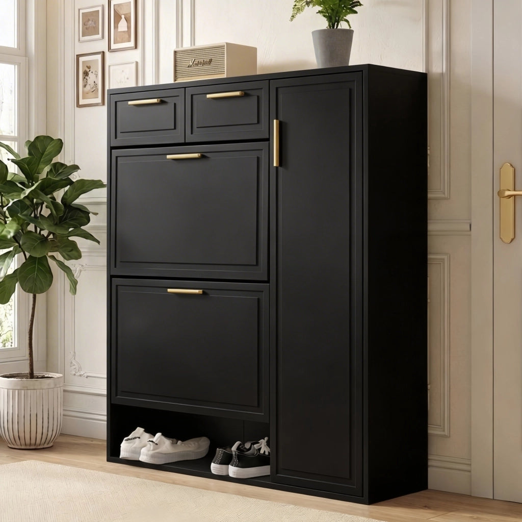 Scarpiera 95x24x107 cm con ripiani regolabili; 2 cassetti; MDF; pannello truciolare; nero