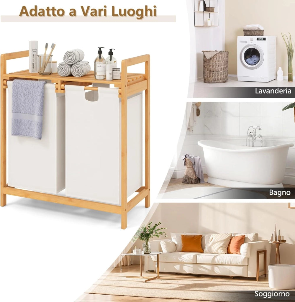Cesto Portabiancheria in Bambù, Cesto della Biancheria Sporca con 2 Scompartimenti Estraibili, con Borse Rimovibili e Mensola in Alto, 64 x 33 x 73 cm (Bianco)