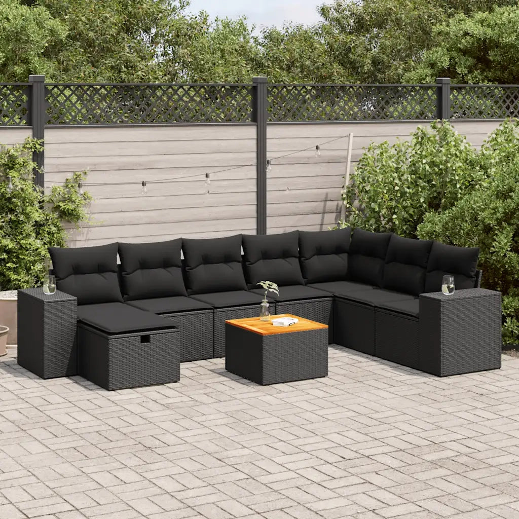 vidaXL Set Divani da Giardino 9 pz con Cuscini Nero in Polyrattan
