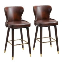 Set 2 Sgabelli da Bar Alti in Stile Industriale con Schienale e Poggiapiedi, Seduta in Finta pelle e Gambe in Legno, Sgabelli Vintage per Cucina e Ristorante, 52x53x101cm