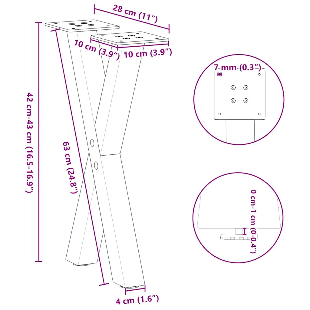 Gambe per Tavolino da Caffè a Forma di X 2 pz Acciaio Naturale 28x(42-43) cm Acciaio 4012891