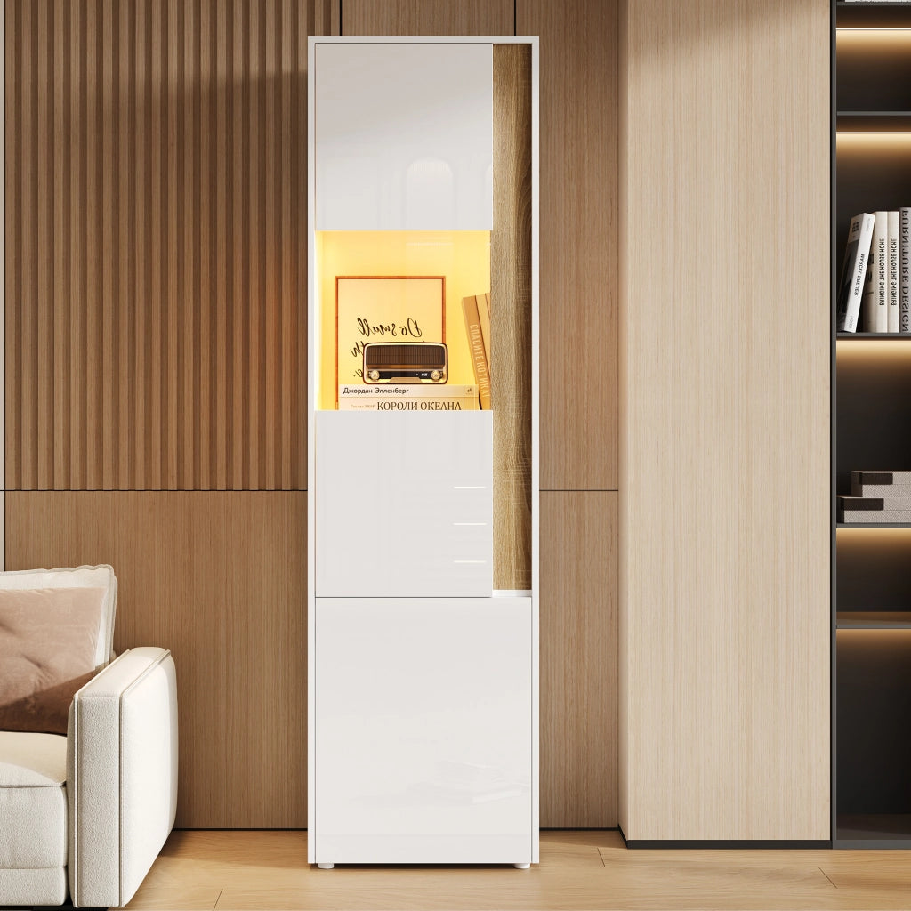 Vetrina con LED ¨C MINIMAL ¨C Bianco/Naturale, 2 Ante, Legno, 50x40x179 cm