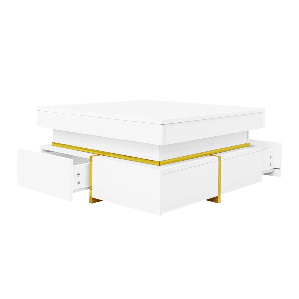 Tavolino da salotto 70x70x35.5 cm; piano lucido con due cassetti; truciolare bianco