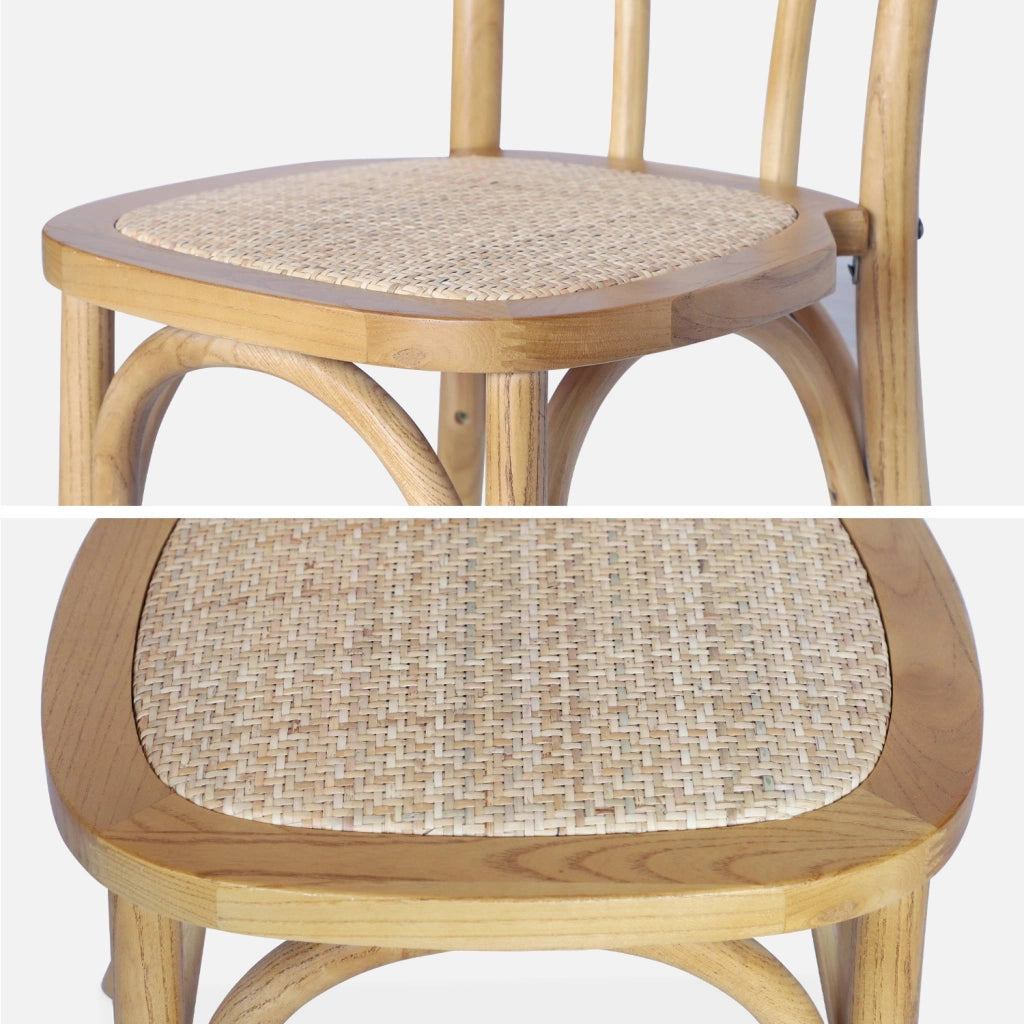 Set 2 sedie vintage in legno e rattan, marrone naturale
