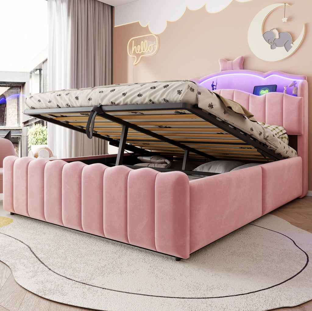 Letto per bambini 140x200 cm con contenitore idraulico, LED, USB e USB-C in velluto rosa