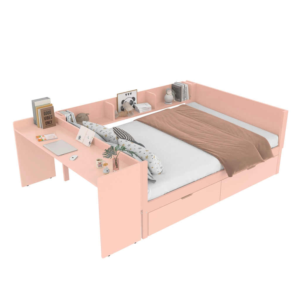 Letto 140x200 cm con scrivania; cassetti e ripiani in legno rosa