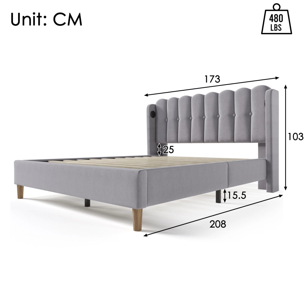 Letto imbottito grigio 160 x 200 cm con ricarica USB e Tipo-C