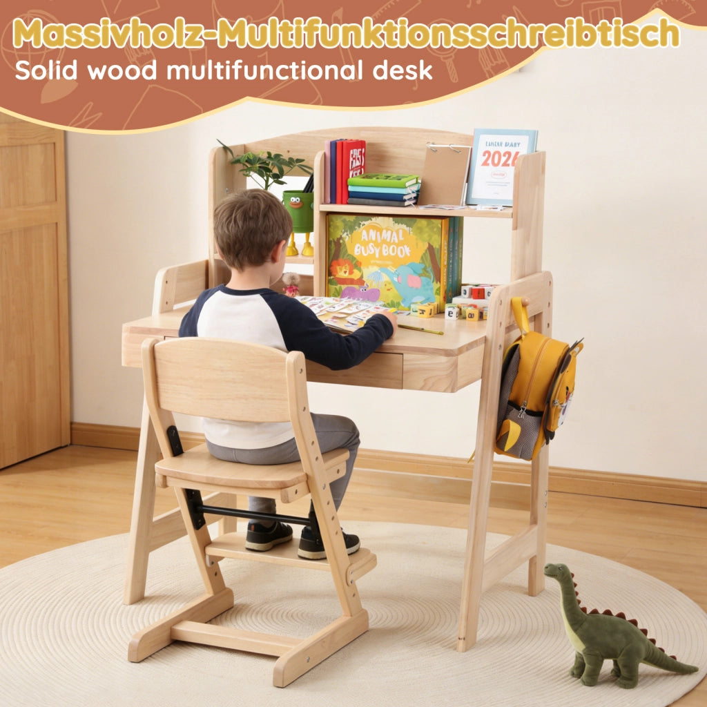 Scrivania lineare per bambini da 6 anni con altezza regolabile, cassetto, vano contenitore e gancio, in legno naturale