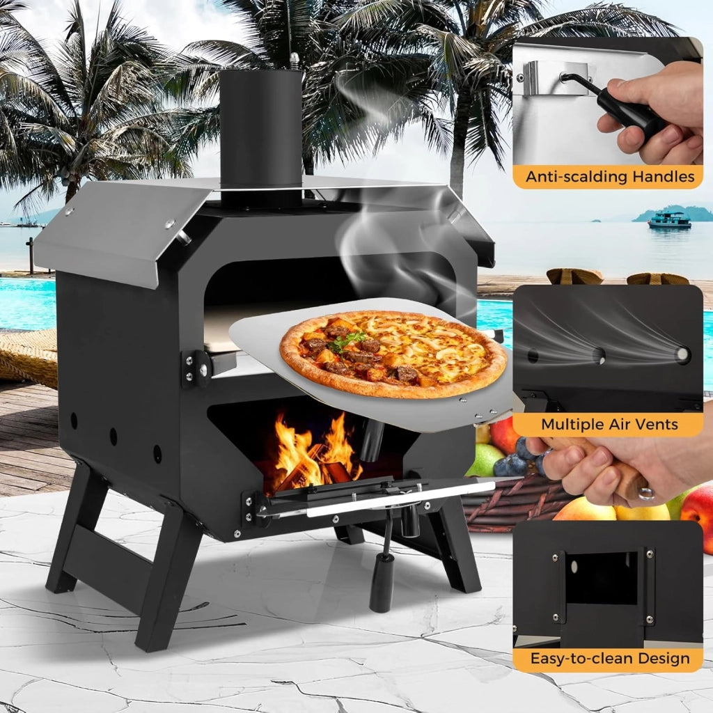 Pizza aperta all'aperto, forno per pizza portatile con pietra per pizza, pala per pizza e copertura in tessuto Oxford, forno a legna in acciaio inox con manici, forno per pizza per giardino