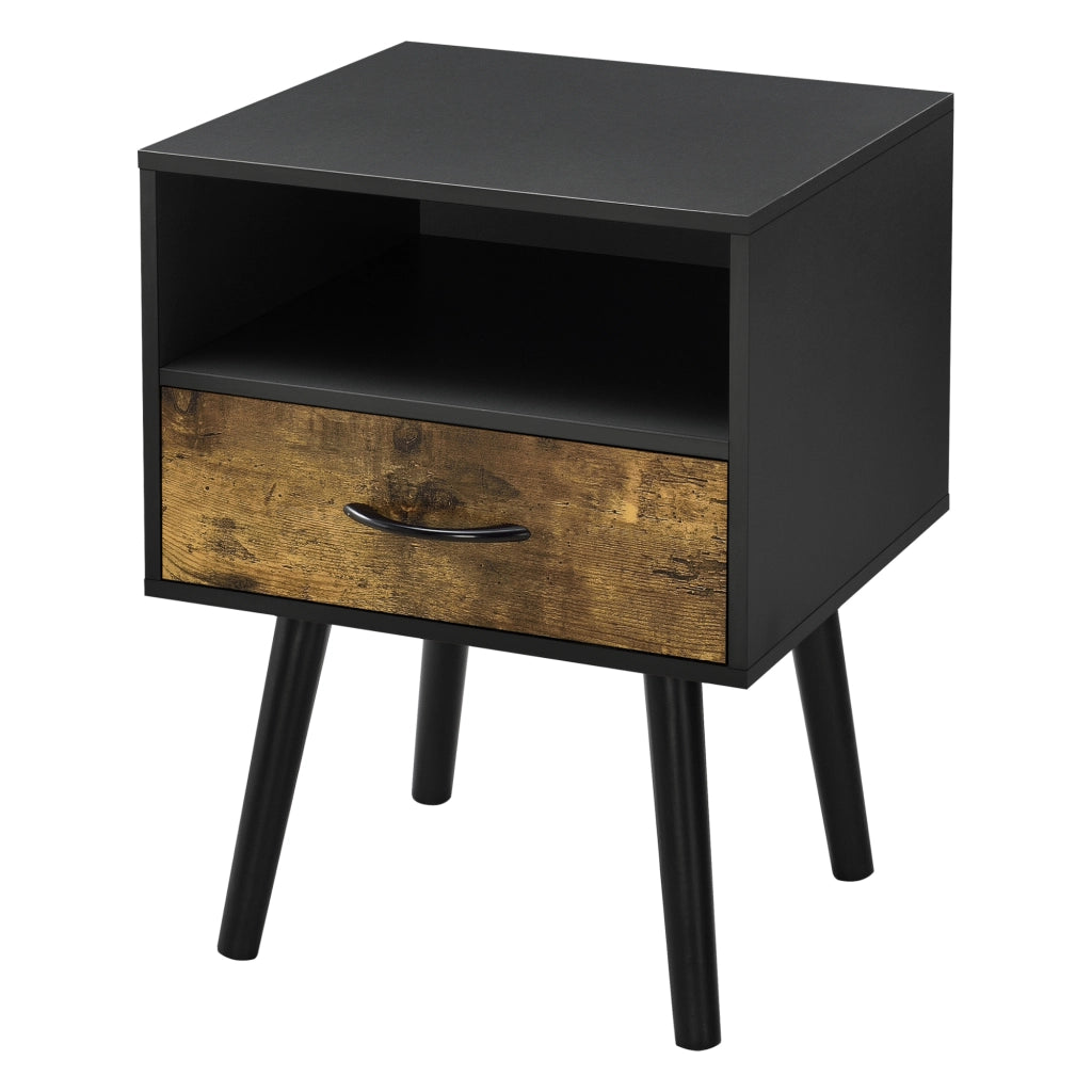 Comodino Gävle con Cassetto e Scomparto Aperto - Nero / Effetto Legno Scuro [en.casa]