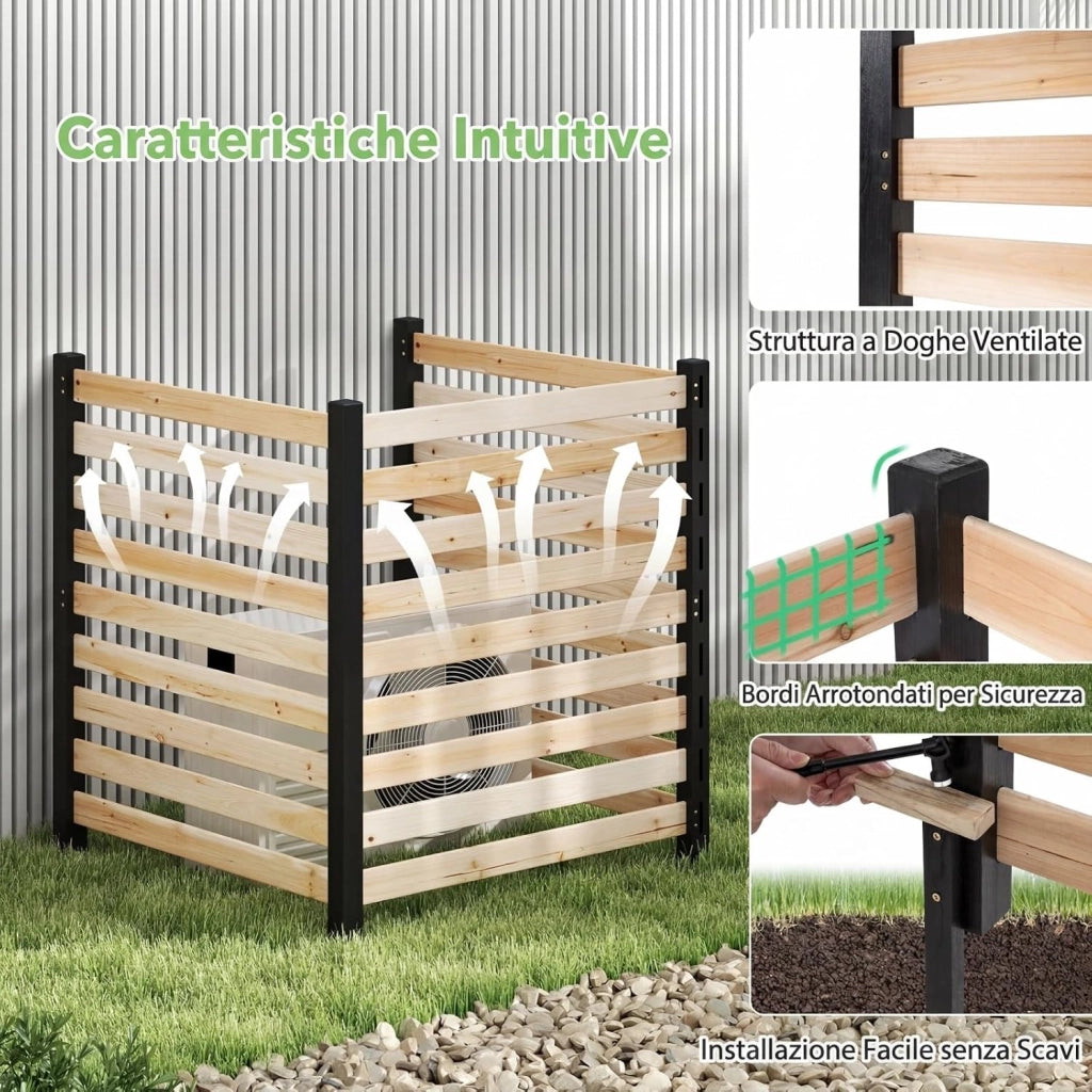 Recinzione da Giardino in Legno a 3 Pannelli con 3 Picchetti | Pannelli Frangivista a Doghe da Esterno per Condizionatore e Bidone Spazzatura, 98 x 107 cm
