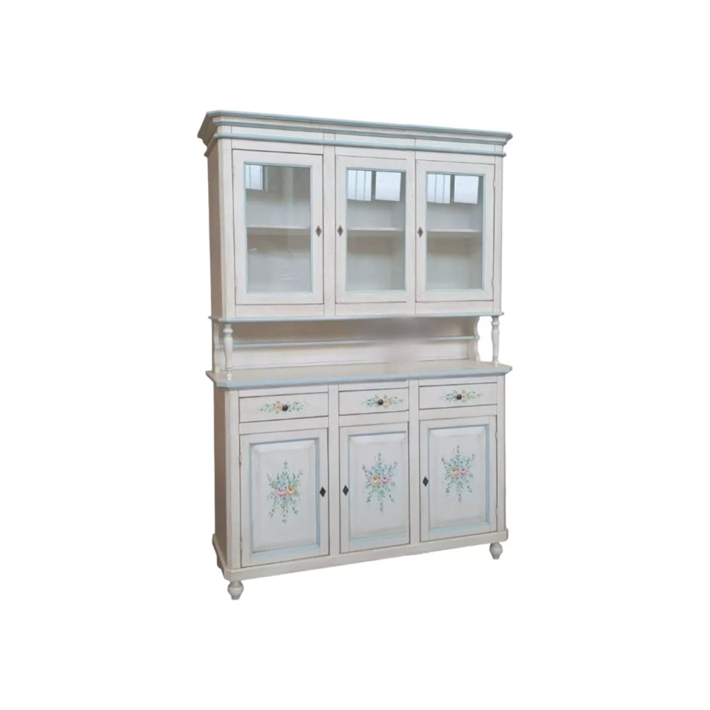 Cristalliera 3 ante legno bianco invecchiato decori filo azzurro 150x43x208 - Mobili 2G