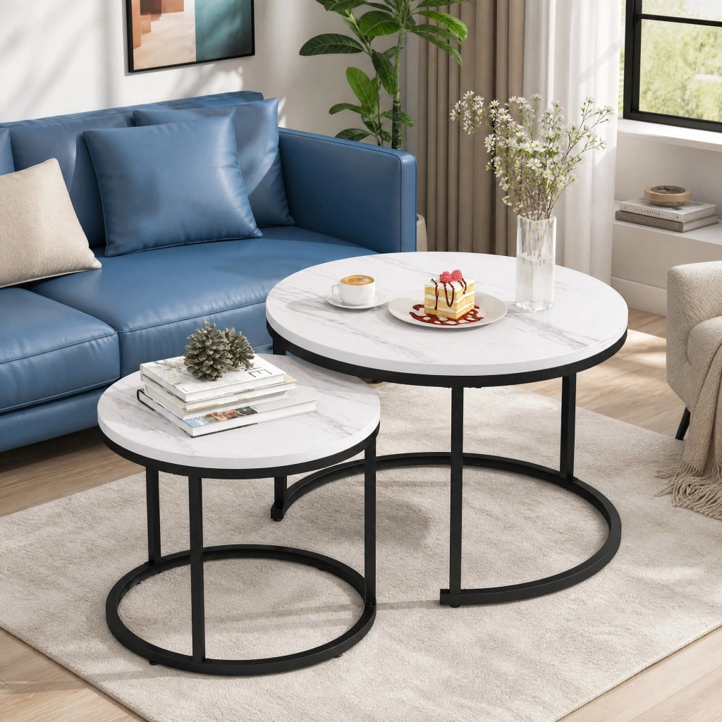 TAVOLO DA CAFFÈ Set da 2 tavoli rotondi impilabili MDF effetto marmo bianco
