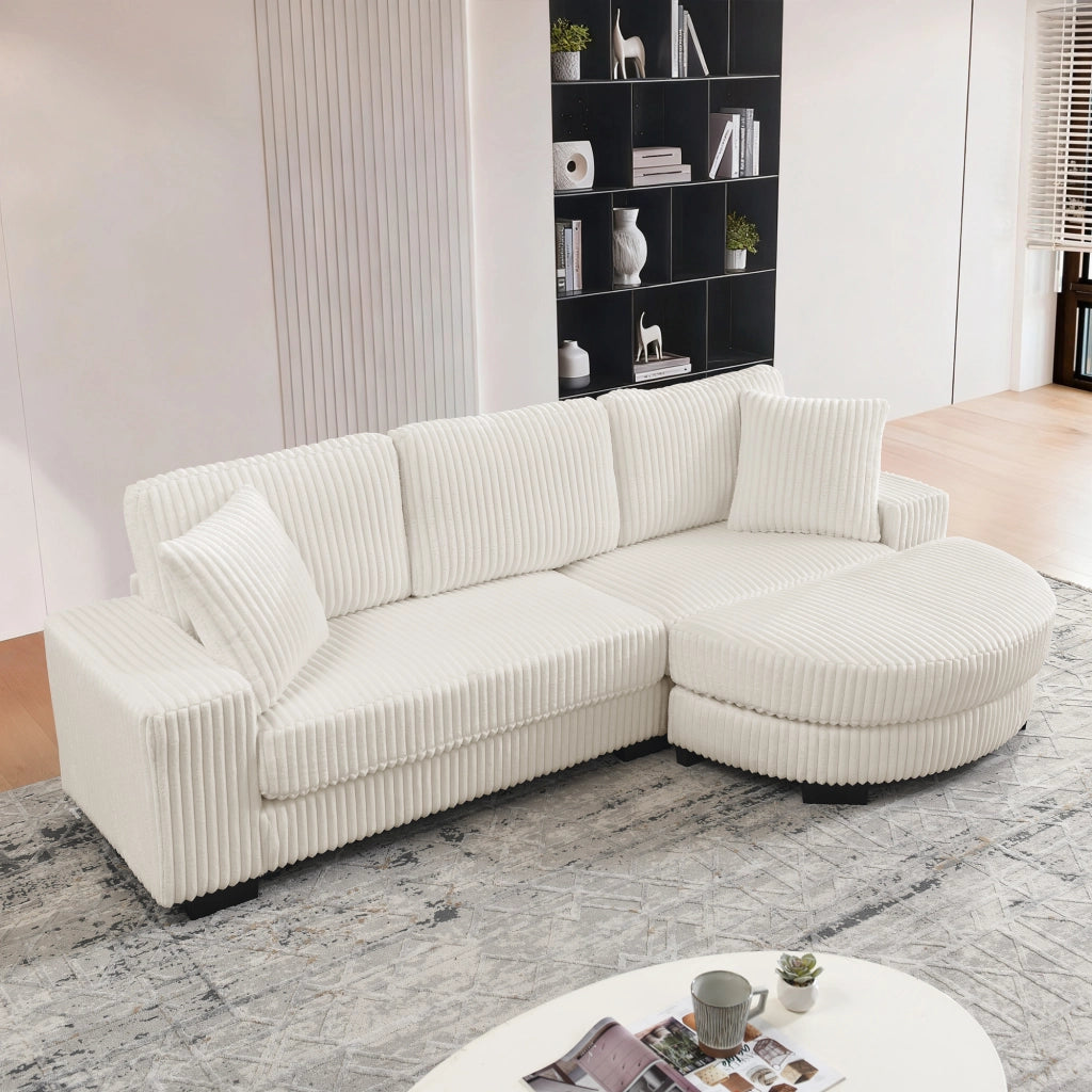 Divano angolare modulare 4 posti con pouf ovale reversibile e 2 cuscini in corduroy beige per soggiorno