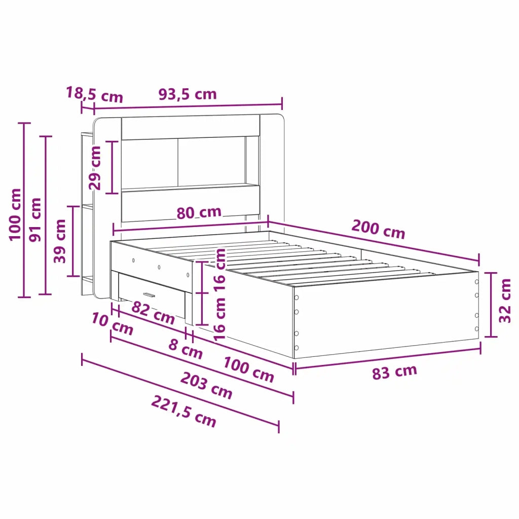 Telaio del letto con storage Sonoma grigio 80 x 200 cm