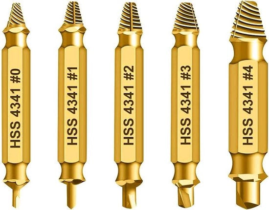 Set per rimozione viti danneggiate, 5 pezzi, per rimuovere viti leggermente danneggiate, realizzato in acciaio HSS 4341 durezza 62-63HRC (oro).