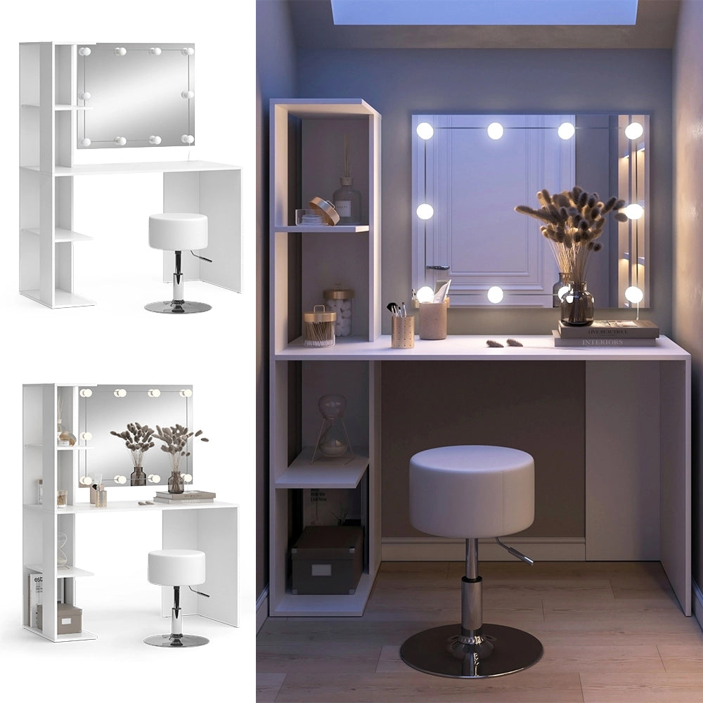 Vicco Tavolo da toilette Bianco 122.2 cm con illuminazione e sgabello
