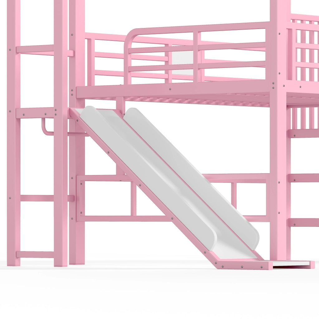 LETTO A CASTELLO Casa 140x200 cm Rosa in MDF e Metallo con Scivolo e LED Bluetooth