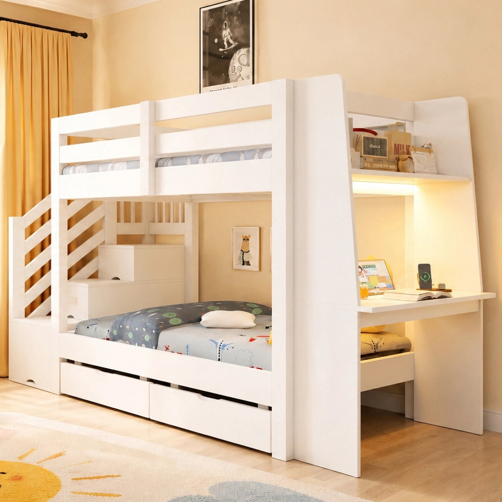 Letto a soppalco per bambini 90x200 cm in legno; con scrivania; LED e cassetti; bianco