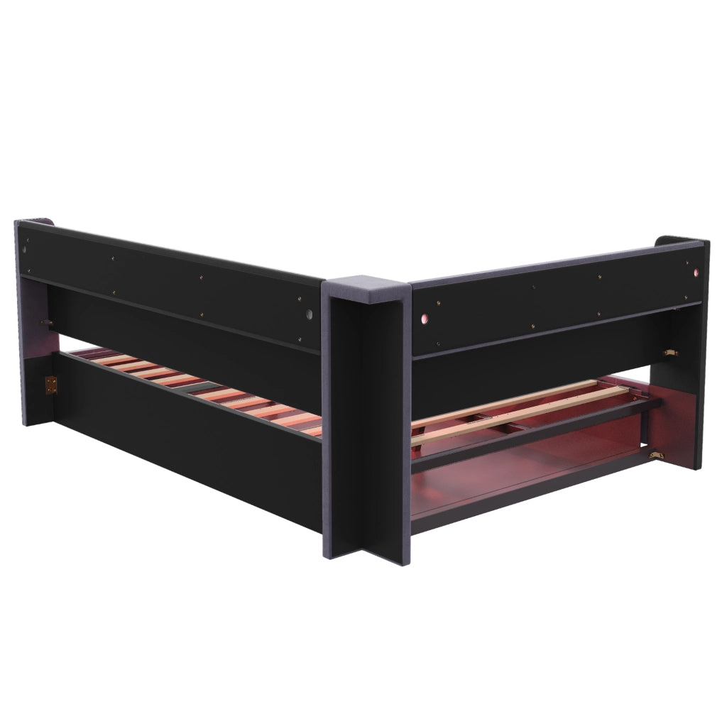 Divano letto imbottito ULEVR 140x200 cm con vano idraulico, LED, presa, USB e Type-C, velluto grigio