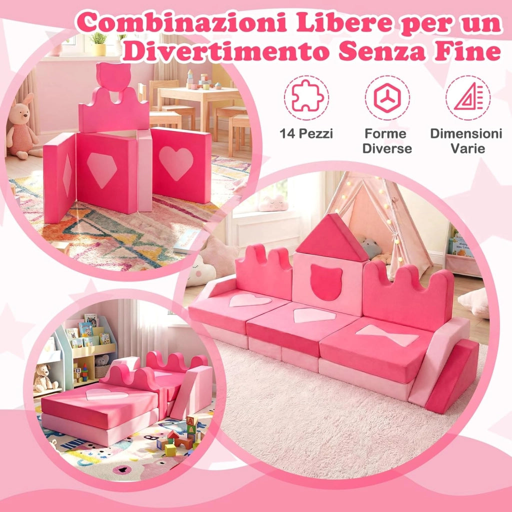 Divano da Gioco per Bambini 14 Pezzi, Divanetto Morbido con Coperture Rimovibili, Blocchi Modulari in Schiuma per Arrampicata, Poltrona per Camera da Letto e Stanza Giochi per Bambini 3+ Anni