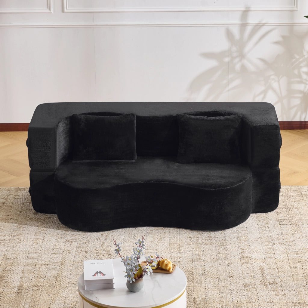 Divano letto pieghevole futon in schiuma con 2 cuscini e rivestimento in peluche corto nero 34 × 34 × 124 cm