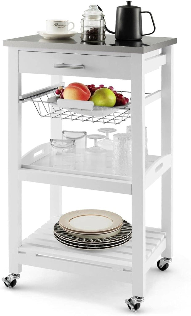 Carrello da Cucina a Rotelle con Mensole, Cassetto, Carrello di Servizio, Stile Moderno per Cucina e Soggiorno, 47x39x85 cm, Bianco/Nero (Bianco)