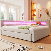 Letto 140x200 cm con LED e letto estraibile; USB e Type-C in lino beige