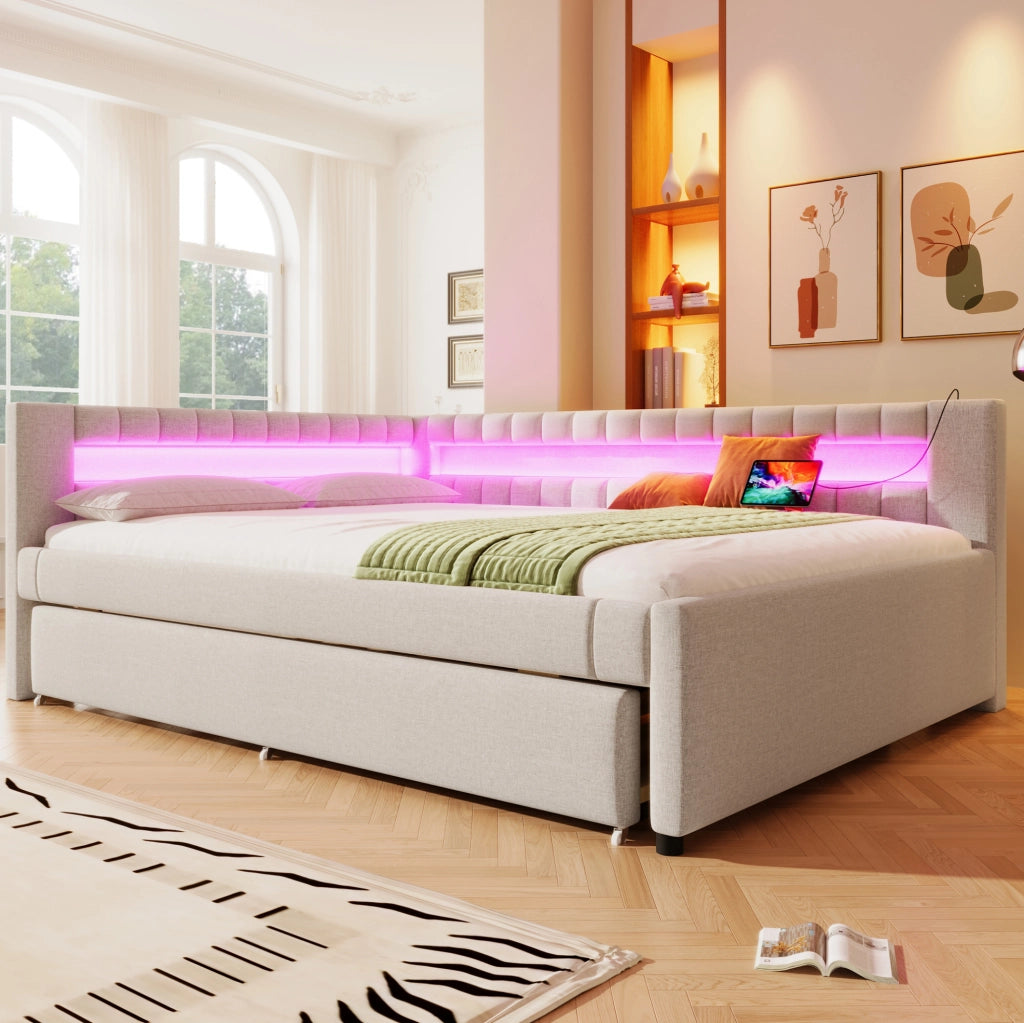 Letto 140x200 cm con LED e letto estraibile; USB e Type-C in lino beige