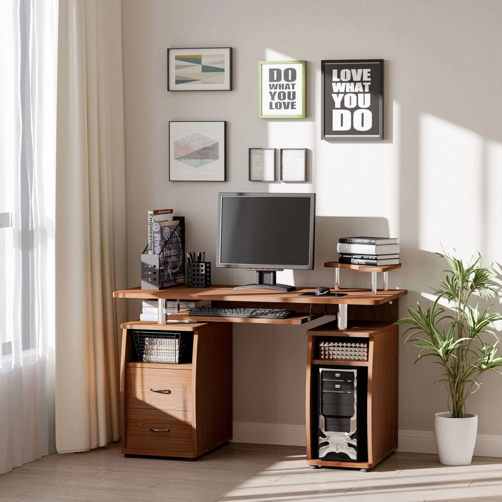 Scrivania per Computer con Libreria e Cassetti ¨C zephmum ¨C Legno, Marrone, 120x55x85cm