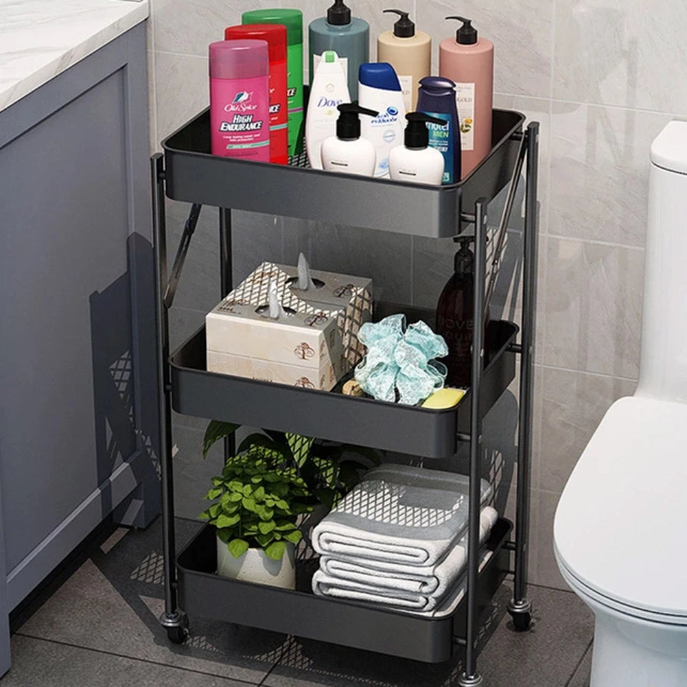Carrello cucina Slim Pieghevole 3 Ripiani Metallo Trolley Servizio 4 Ruote Nero