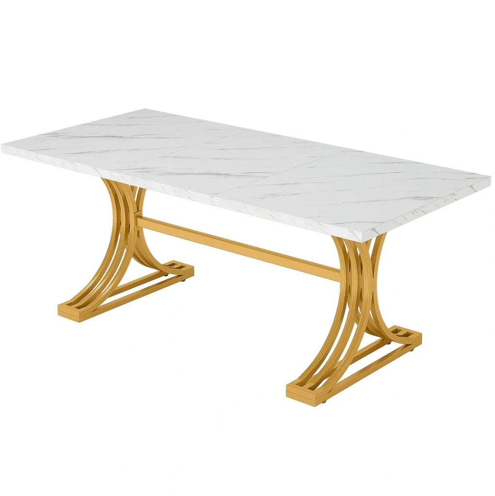 Tavolo da pranzo rettangolare 160x80 cm in marmo artificiale e metallo; bianco e oro