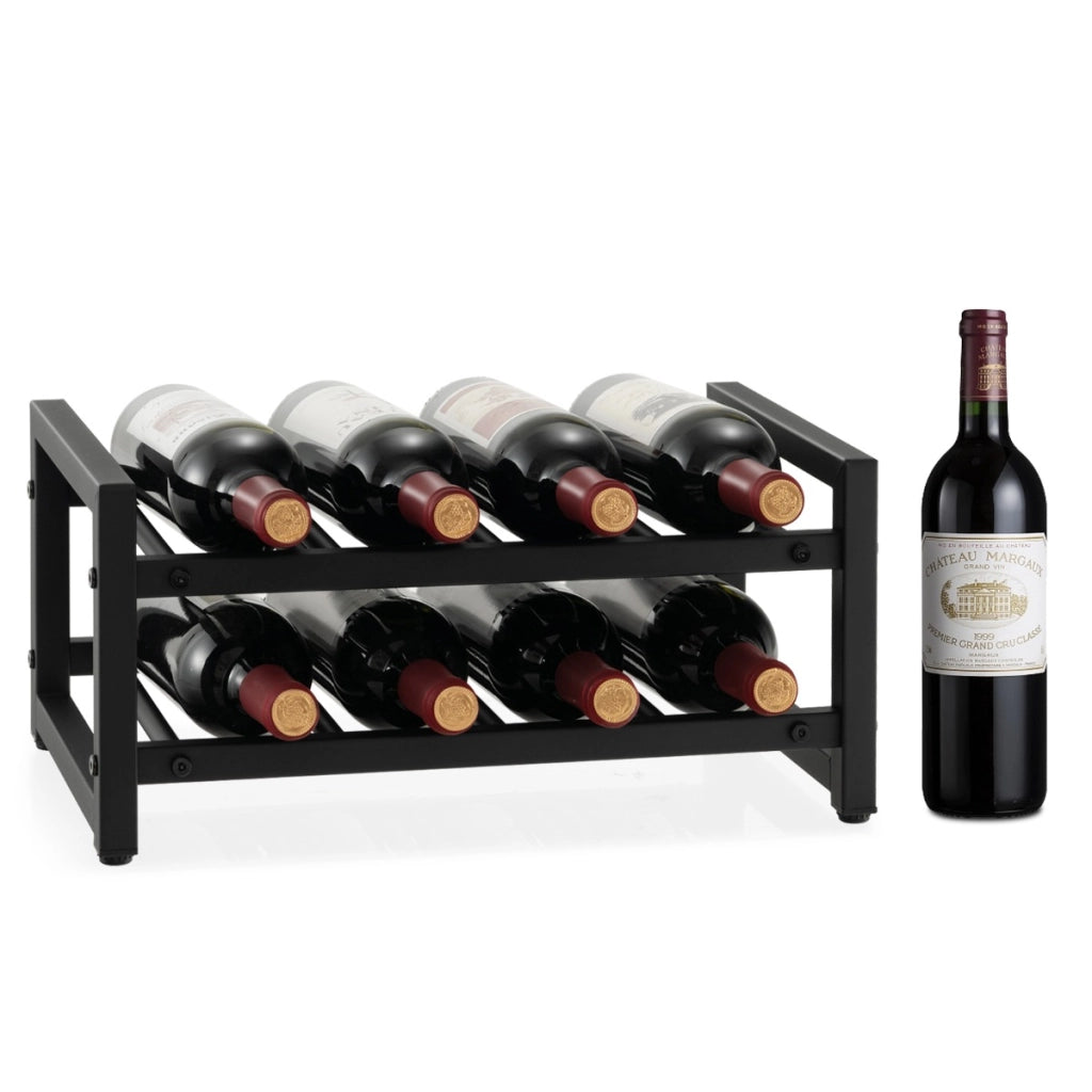 Portabottiglie a 2 livelli per 8 vini con piedini regolabili superficie antiruggine, Portabottiglie da tavolo Nero-Portabottiglie