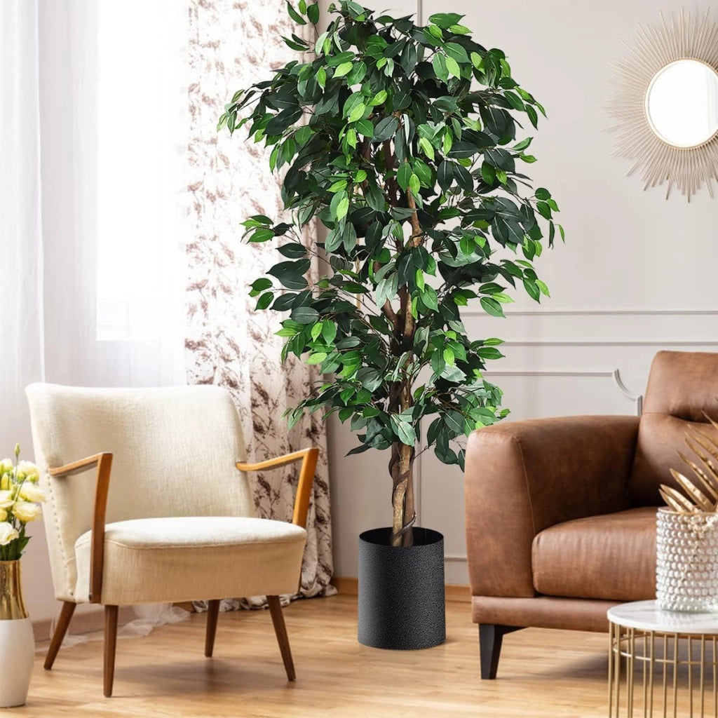 Albero Artificiale Fico di Betulla 180 cm, Pianta Verde con Vaso in Cemento e 1008 Foglie, Decorazione d’Interno per Casa ed Ufficio